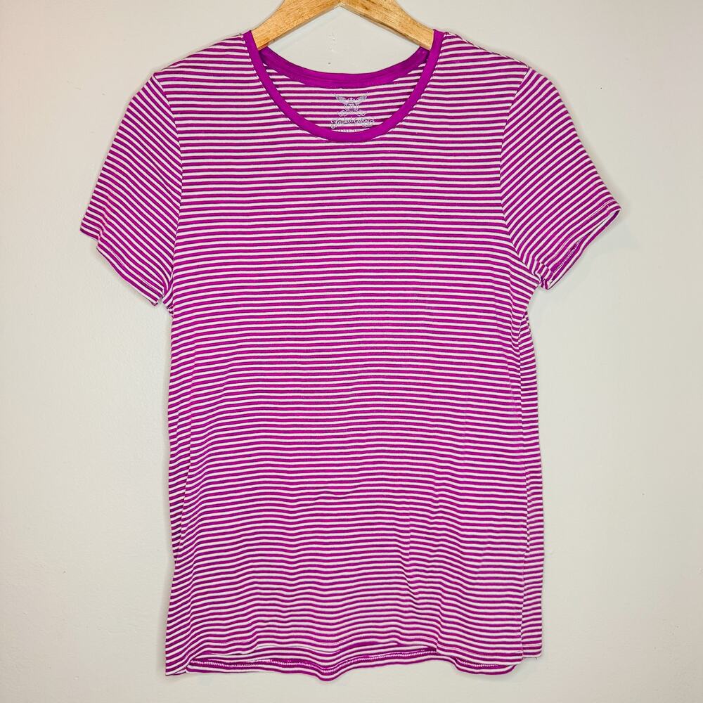 Vintage Faded Glory Purple White Striped Crewneck T-Shirt Size XL 16-18 Y2K